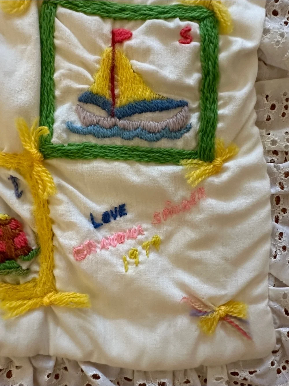 Handmade baby, toddler ABCs embroidered quilt with yellow gingham backing, 1979